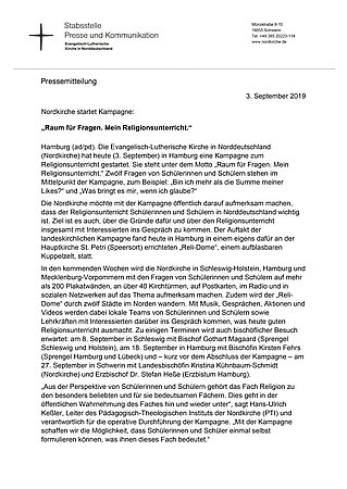 Pressemitteilung Nordkirche, 3.9.2019 Pressemitteilung Nordkirche, 3.9.2019