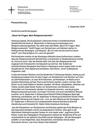Pressemitteilung Nordkirche, 3.9.2019